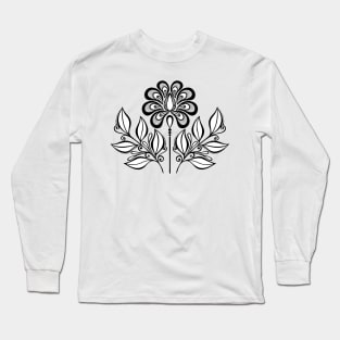 Monochrome Floral Design Element in Doodle Line Style Long Sleeve T-Shirt